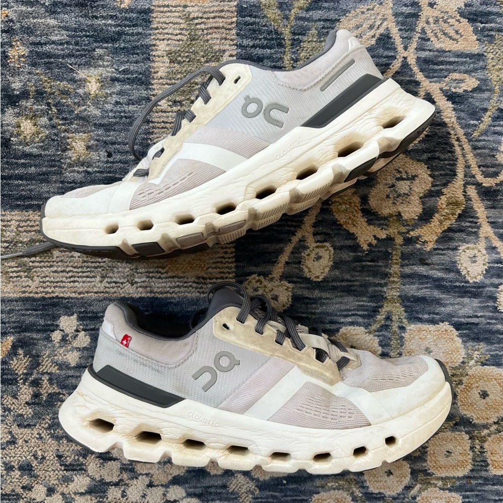 On Running Gray and White Athletic Shoes